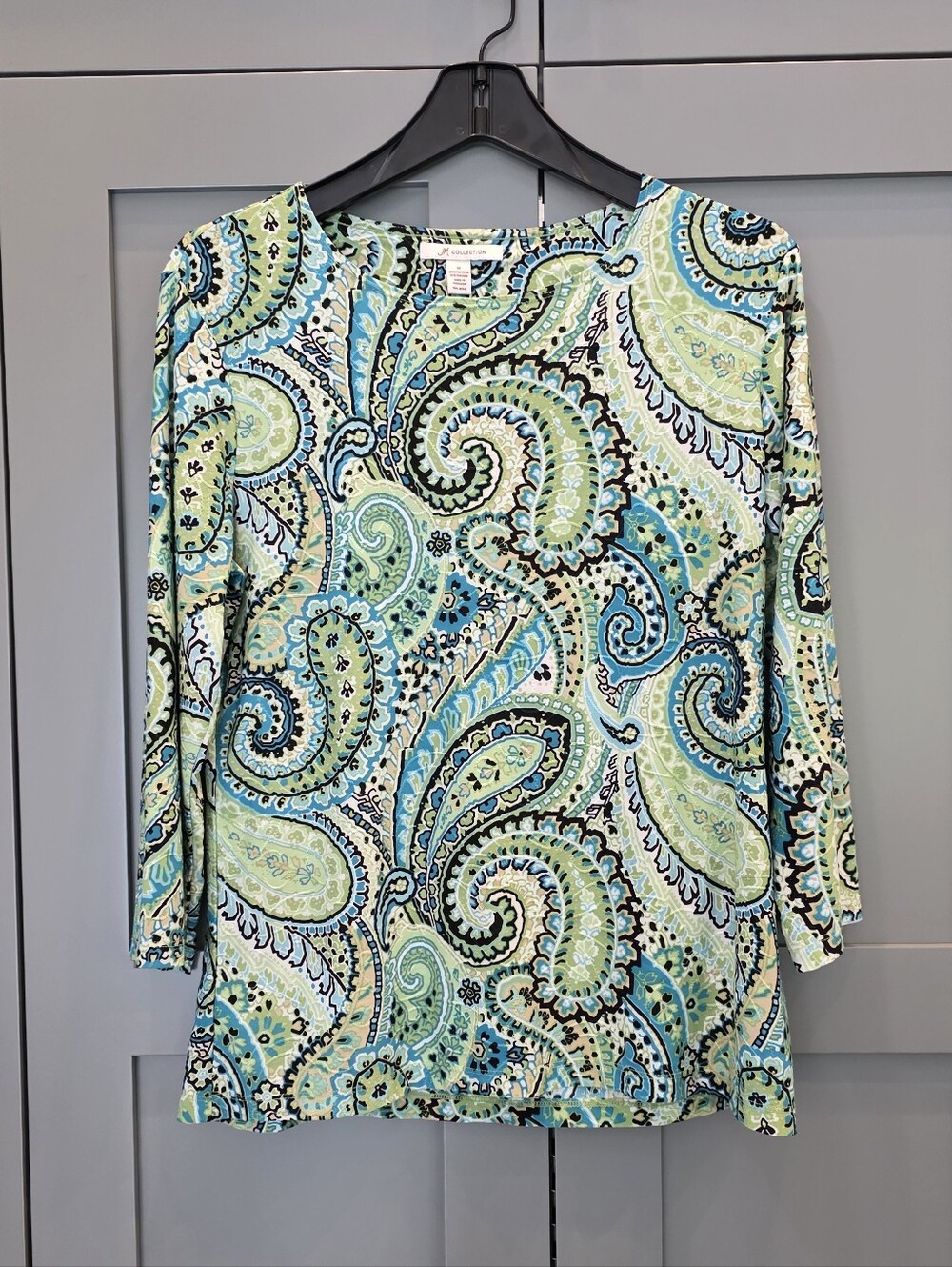 JM Collection Sz 10 Paisley Green Blue 3/4 Sleeve Top Travel Artsy Colorful
